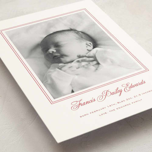 This is a strawberry birth announcement postcards with standard by Carolyn MacLaren called preppy cloud printing on signature in postcard