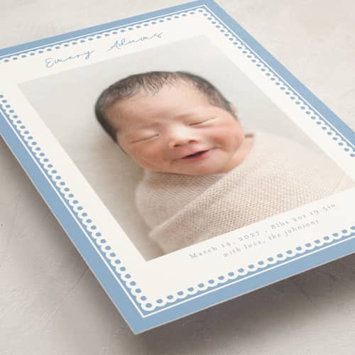 This is a sky birth announcement postcards with standard by Nicole Walsh called stitched frame printing on signature in postcard