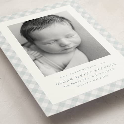 This is a sky birth announcement postcards with standard by Lea Delaveris called checked printing on signature in postcard