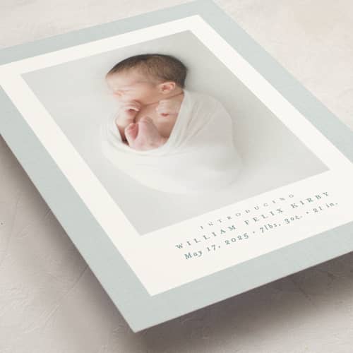 This is a powder birth announcement postcards with standard by Lea Delaveris called linen frame printing on signature in postcard