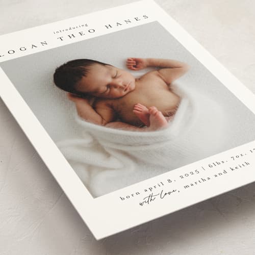 This is a sugar birth announcement postcards with standard by Chris Griffith called frame of happiness printing on signature in postcard
