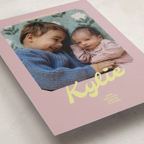 This is a mauve birth announcement postcards with standard by Inkblot Design called retro printing on signature in postcard