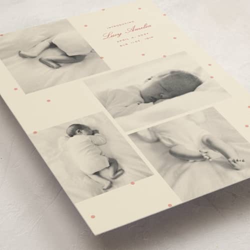This is a peach birth announcement postcards with standard by Ellen Schlegelmilch called tiny polka dots printing on signature in postcard