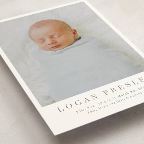 This is a fawn birth announcement postcards with standard by Megan Davis called menil printing on signature in postcard