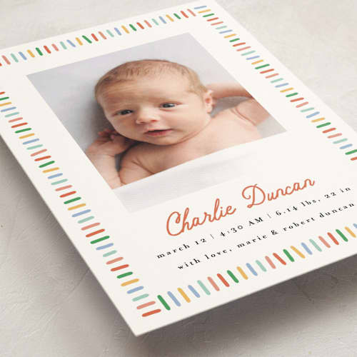 This is a rainbow birth announcement postcards with standard by Maria Alou called coloring book printing on signature in postcard