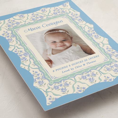This is a periwinkle birth announcement postcards with standard by Jackie Crawford called highgrove printing on signature in postcard