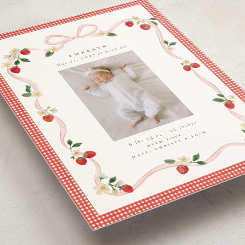 This is a cherry blossom birth announcement postcards with standard by Itsy Belle Studio called fraises de bois printing on signature in postcard