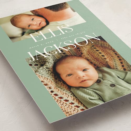 This is a aloe birth announcement postcards with standard by Pixel and Hank called double time printing on signature in postcard