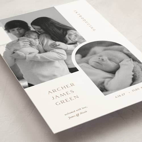 This is a cotton birth announcement postcards with standard by Robin Ott called modern inset printing on signature in postcard