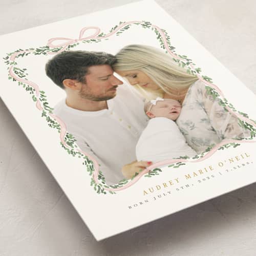 This is a blush birth announcement postcards with standard by Itsy Belle Studio called ribbonly frame printing on signature in postcard
