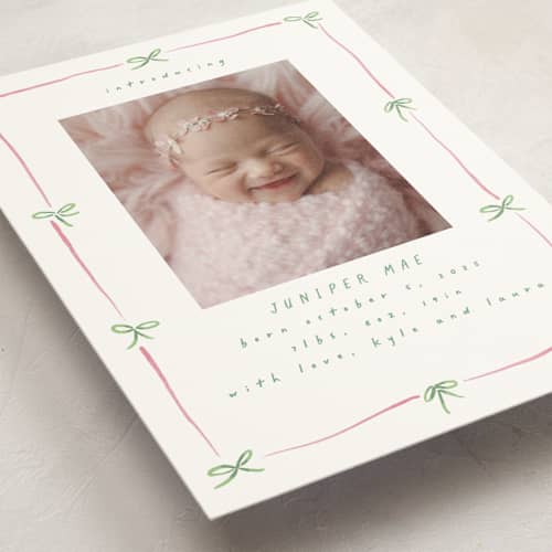 This is a candy birth announcement postcards with standard by Susan Zinader called preppy bow border printing on signature in postcard