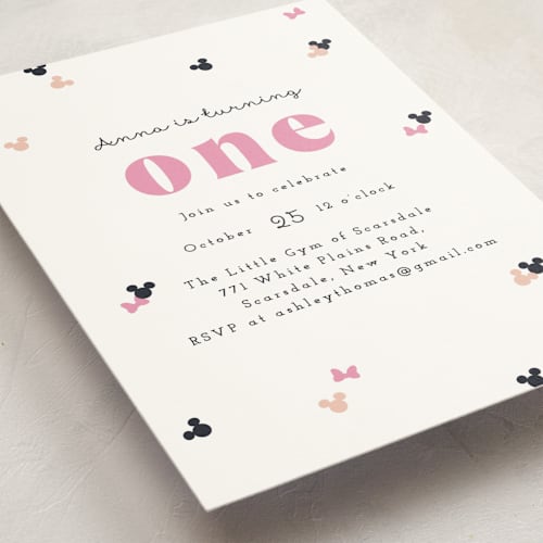 This is a peony kids birthday invitations with standard by Annie Holmquist called disney's minnie mouse confetti printing on signature in postcard
