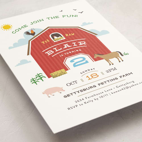 This is a barn kids birthday invitations with standard by Jennifer Wick called big red barn printing on signature in postcard