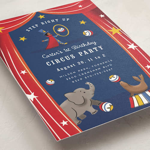 This is a scarlet kids birthday invitations with standard by Becky Nimoy called circus printing on signature in postcard
