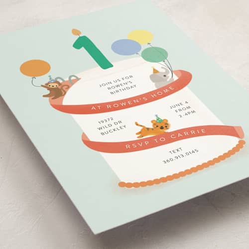 This is a aqua kids birthday invitations with standard by Itsy Belle Studio called party animal cake printing on signature in postcard