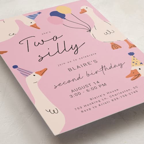 This is a orchid kids birthday invitations with standard by Britt called two silly printing on signature in postcard