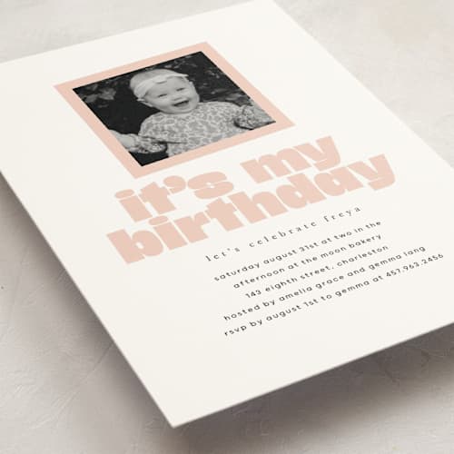 This is a peony kids birthday invitations with standard by lori jacobs wemple called birthday photo printing on signature in postcard