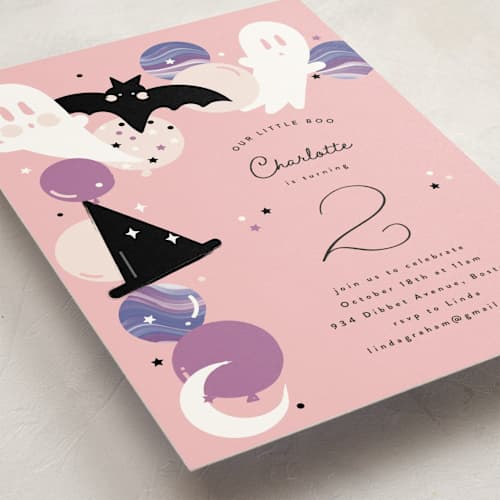 This is a cotton candy kids birthday invitations with standard by Corinne Malesic called little boo printing on signature in postcard