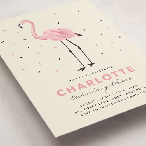 This is a crepe kids birthday invitations with standard by Cass Loh called flamingo sprinkles printing on signature in postcard