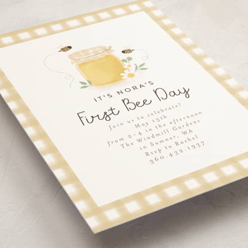 This is a honey kids birthday invitations with standard by Itsy Belle Studio called first bee day printing on signature in postcard