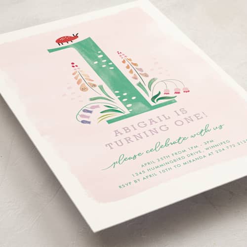 This is a jade kids birthday invitations with standard by Eve Schultz called number one bug printing on signature in postcard