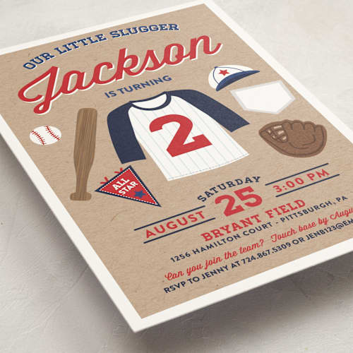 This is a patriotic kids birthday invitations with standard by One Swell Studio called little slugger printing on signature in postcard