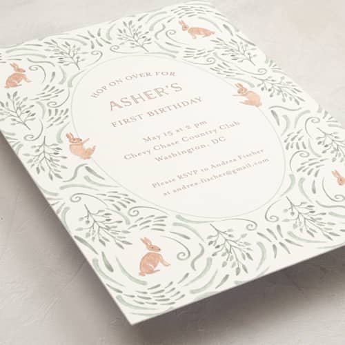This is a mint kids birthday invitations with standard by Hallie Fischer called hop on over ii printing on signature in postcard