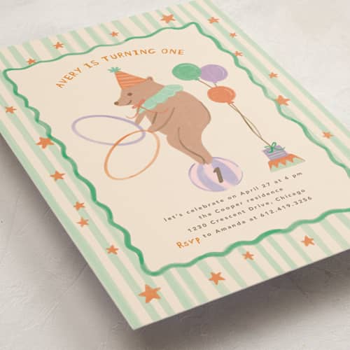 This is a wasabi kids birthday invitations with standard by Creo Study called preppy carnival printing on signature in postcard