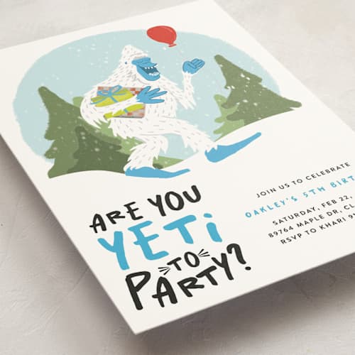This is a frost kids birthday invitations with standard by Ashley Bird called yeti to party? printing on signature in postcard