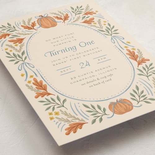This is a cornflower kids birthday invitations with standard by Laura Hankins called pumpkins + bows printing on signature in postcard