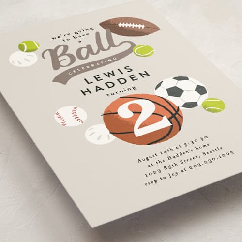 This is a fudge kids birthday invitations with standard by Alethea and Ruth called have a ball printing on signature in postcard