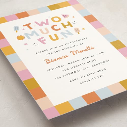 This is a gumdrop kids birthday invitations with standard by Carmia C. called two much fun printing on signature in postcard