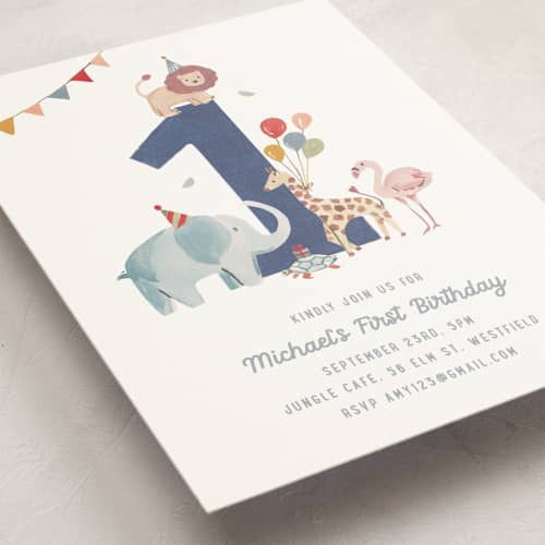 This is a cement kids birthday invitations with standard by Teju Reval called wild one printing on signature in postcard