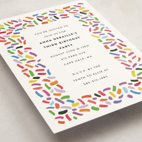This is a gumdrops kids birthday invitations with standard by Up Up Creative called confetti sprinkle printing on signature in postcard