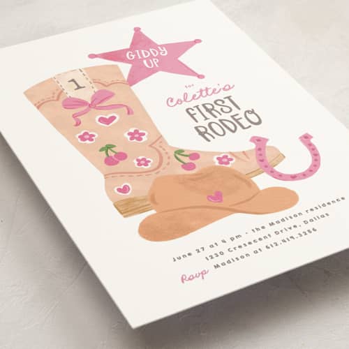 This is a rose kids birthday invitations with standard by Creo Study called lets rodeo printing on signature in postcard