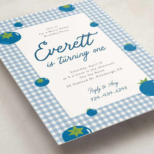 This is a blueberry kids birthday invitations with standard by Sarah Hawkins Designs called berry sweet printing on signature in postcard