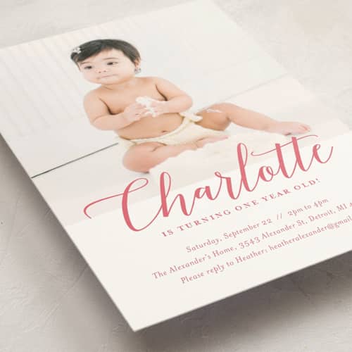 This is a blush kids birthday invitations with standard by Genna Blackburn called big script printing on signature in postcard