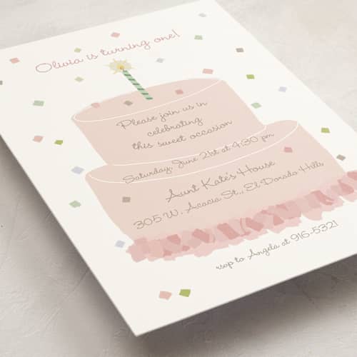 This is a blush kids birthday invitations with standard by Tina Faselli called confetti party printing on signature in postcard