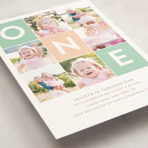 This is a seafoam kids birthday invitations with standard by Joanne James called simply one printing on signature in postcard