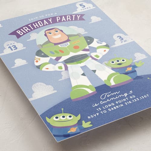 This is a bluebell kids birthday invitations with standard by Sabrin Deirani called disney and pixar's lightyear printing on signature in postcard