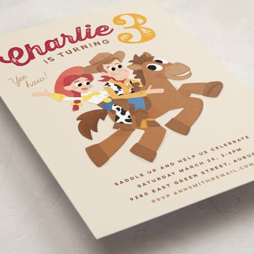 This is a vanilla kids birthday invitations with standard by Jessie Steury called disney and pixar's cowboy friends printing on signature in postcard