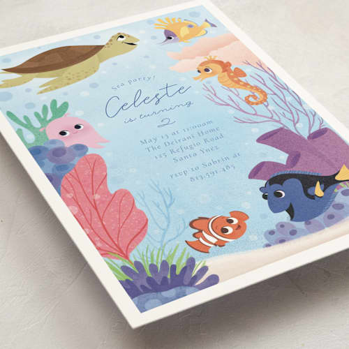This is a sea kids birthday invitations with standard by Sabrin Deirani called disney and pixar's finding nemo friends printing on signature in postcard