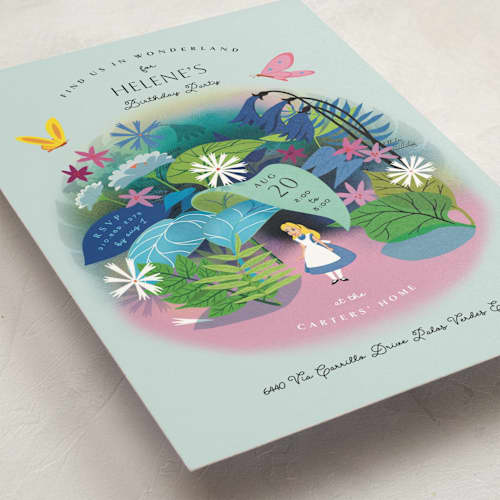 This is a aqua kids birthday invitations with standard by Becky Nimoy called disney's alice in wonderland in the flower garden printing on signature in postcard