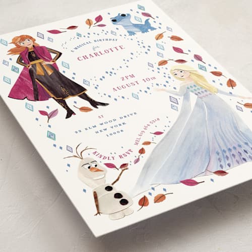 This is a frost kids birthday invitations with standard by Sarah Knight called disney's frozen elements printing on signature in postcard
