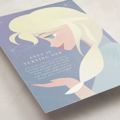 This is a frost kids birthday invitations with standard by lori jacobs wemple called disney's elsa the snow queen printing on signature in postcard