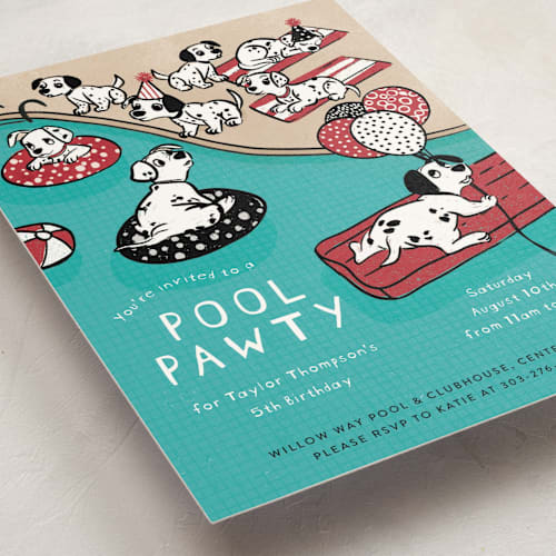 This is a firetruck kids birthday invitations with standard by Jenna Holcomb called disney's 101 dalmatians pool pawty printing on signature in postcard