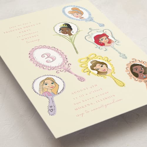 This is a vanilla kids birthday invitations with standard by Baumbirdy called disney princess mirrors printing on signature in postcard
