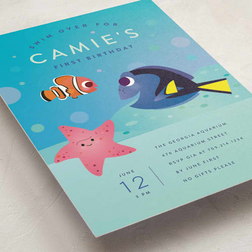 This is a sea kids birthday invitations with standard by Lori Wemple called disney and pixar's nemo and dory printing on signature in postcard