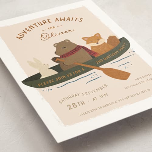 This is a forest kids birthday invitations with standard by Jenna Holcomb called adventure awaits printing on signature in postcard