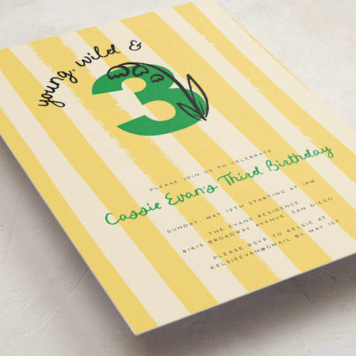 This is a buttercup kids birthday invitations with standard by Jenna Holcomb called wild and three printing on signature in postcard